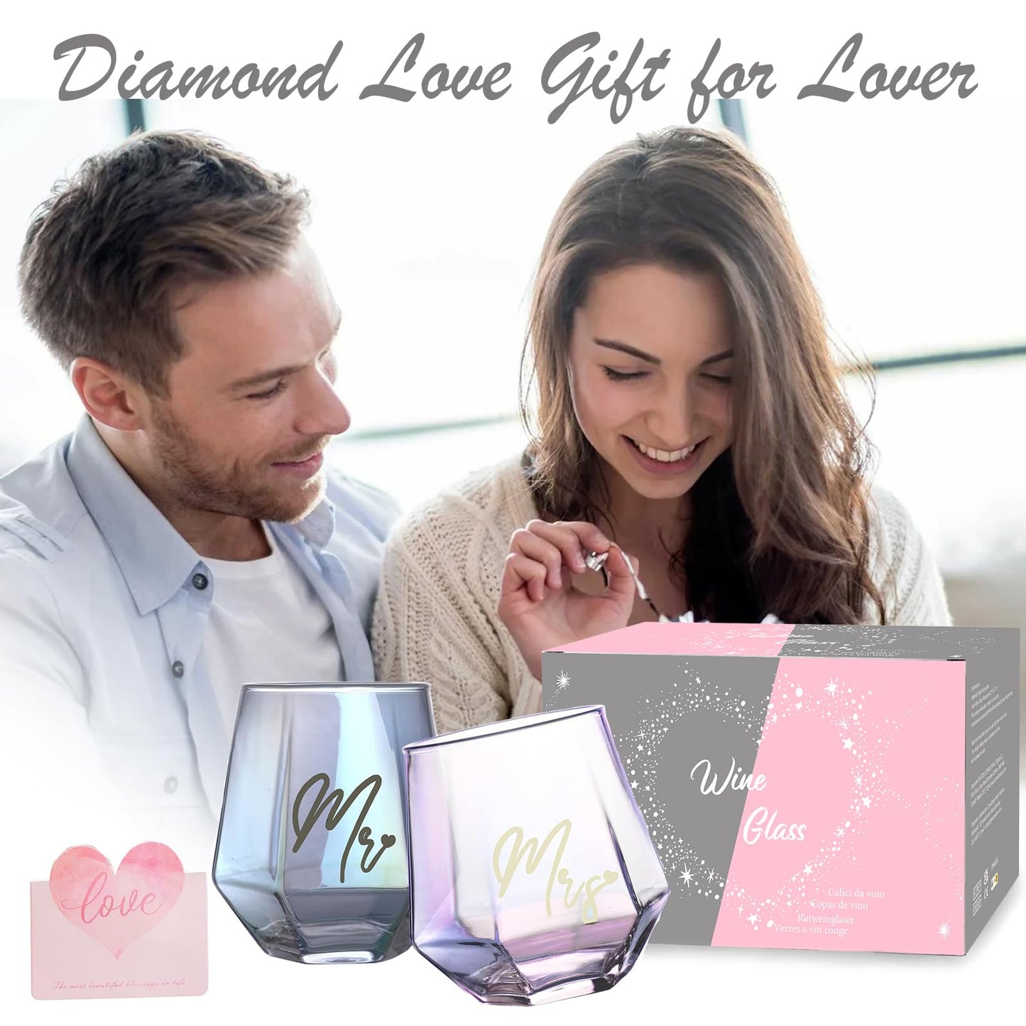 Iridescent Mr and Mrs wine glasses gifts, wedding gifts, engagement gifts for couples, bridal shower gift, anniversary gift for his and hers, gifts for bride and groom.