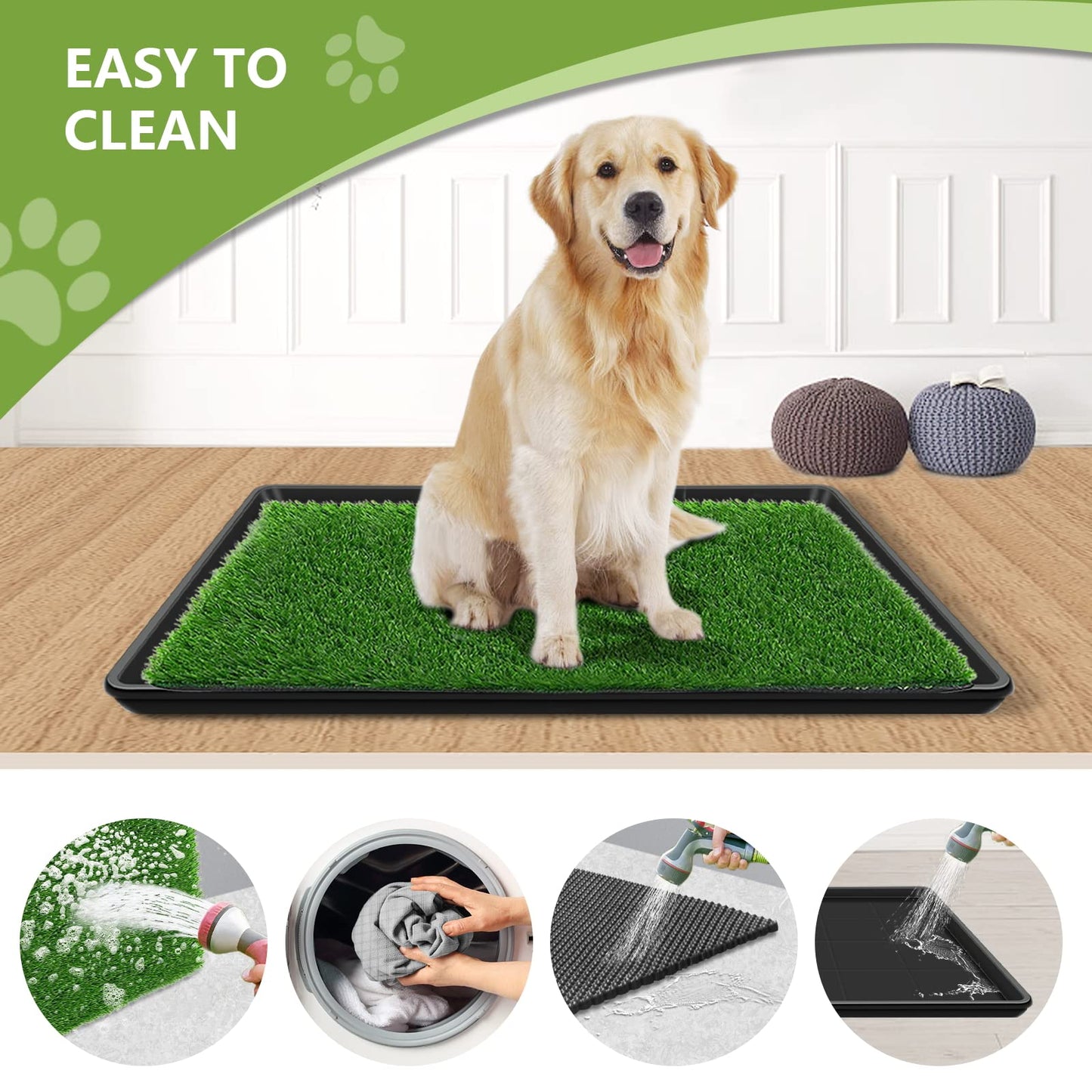 GoldOuya 60 x 90 cm dog grass pad with tray for indoor and outdoor use, great for large dog potty training is a complete potty system. Grass potty pads for dogs with tray are reusable.