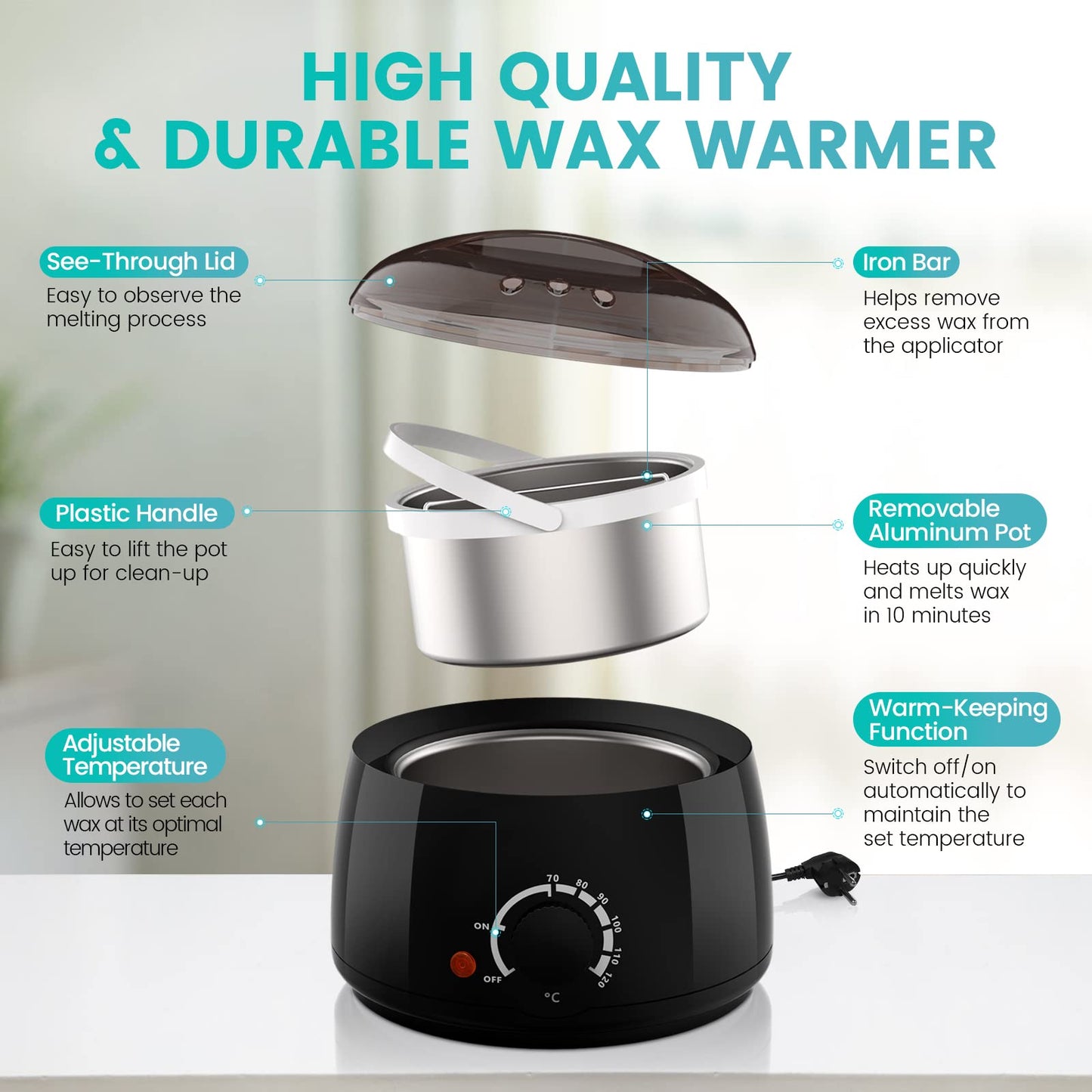Wax Warmer Waxing Set Home Hair Removal: Wax Machine 4 Packs Wax Beads and 30 Wooden Spatulas, Wax Hair Removal Face Body Women Men