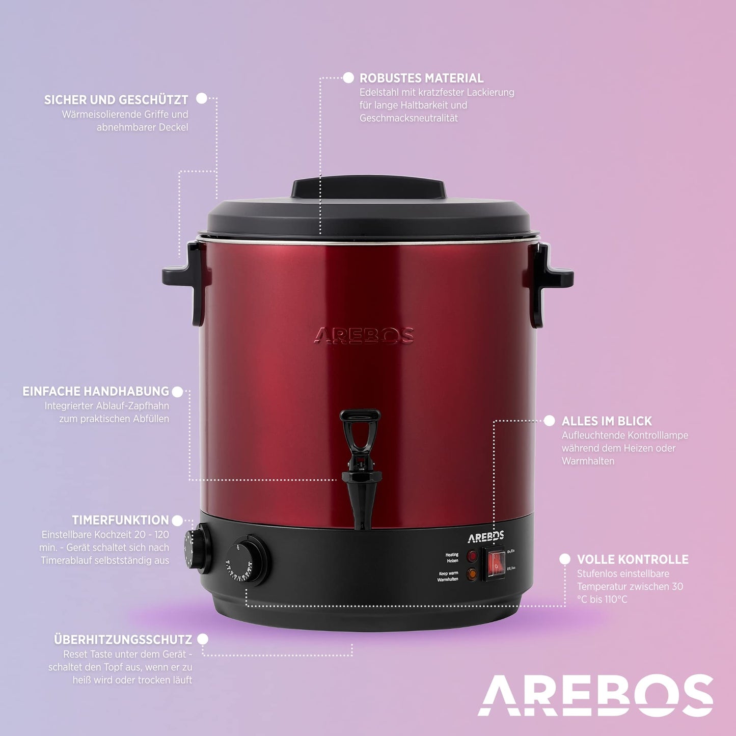 Arebos preserving cooker 1800 W | 28 L preserving pot | with timer, thermostat & overheat protection | continuously adjustable 30-110°C | mulled wine cooker | incl. canning jar lifter & canning funnel | Red