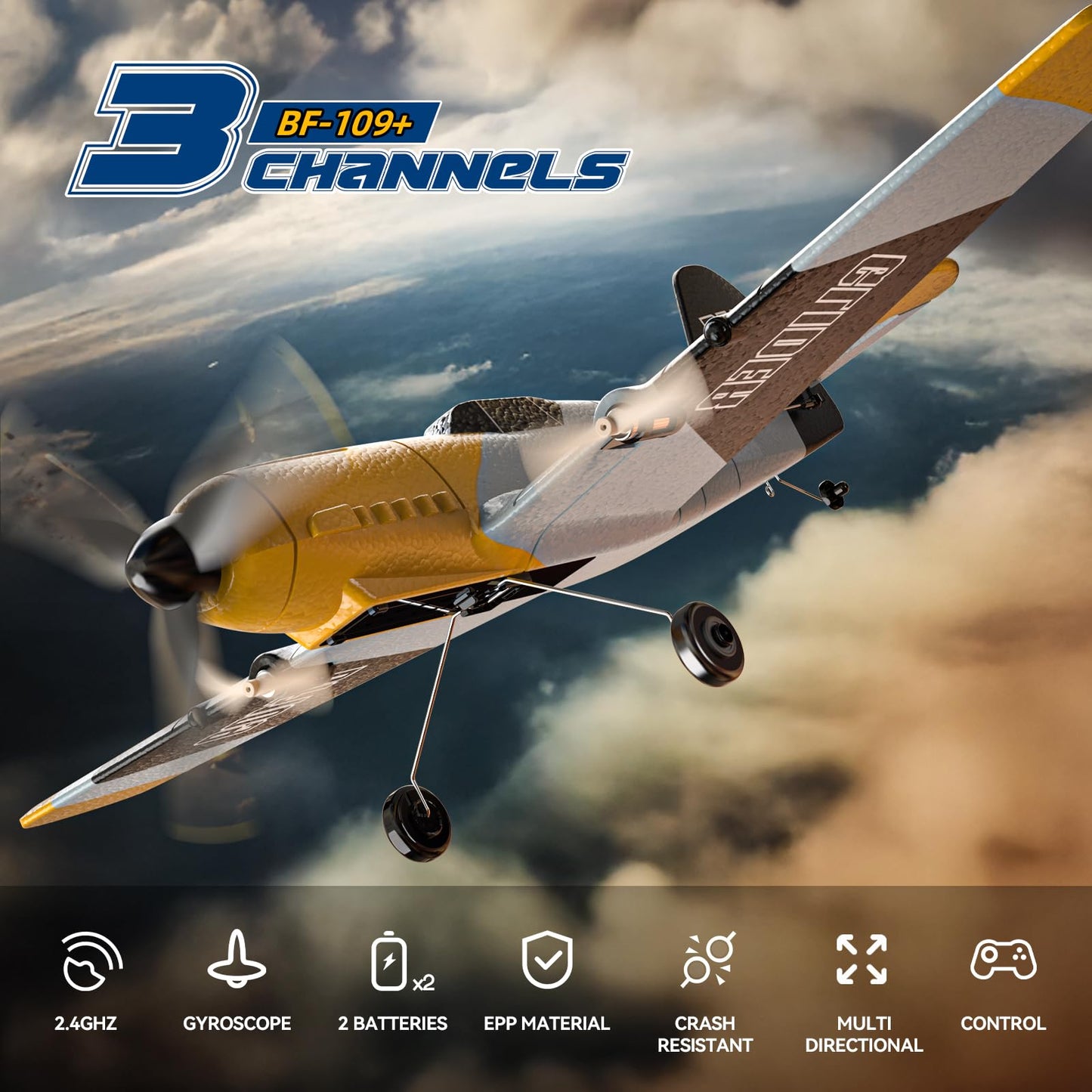 DEERC RC Airplane Messerschmitt Bf 109, 2.4GHz remote control airplane with 6-axis gyro stabilizer, 3-channel RTF RC glider toy for beginners, kids, adults.