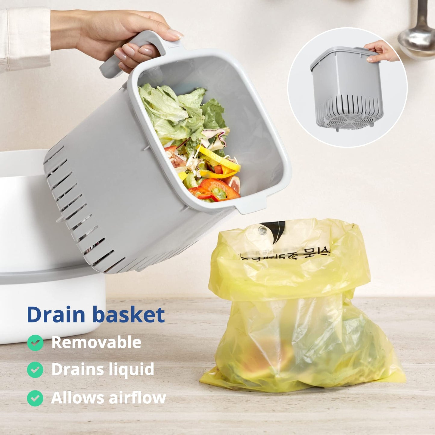 BLUE GINKGO Kitchen Compost Bin with Lid, Handles | Dishwasher Safe | Made in Korea (5 Liter) - Gray