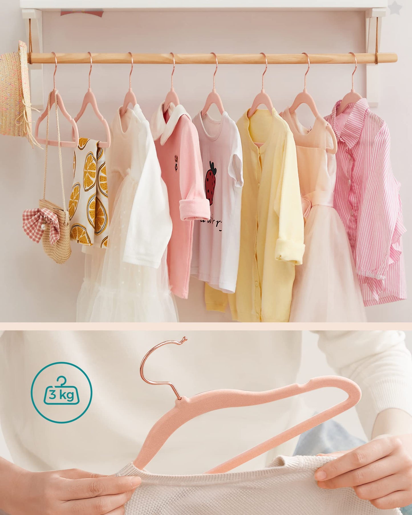 SONGMICS Kids Velvet Hangers, Set of 50 Baby Hangers with 360° Rotatable Hook in Rose Gold, Space-Saving and Non-Slip, for Closet Organization, Pastel Pink CRF027P01