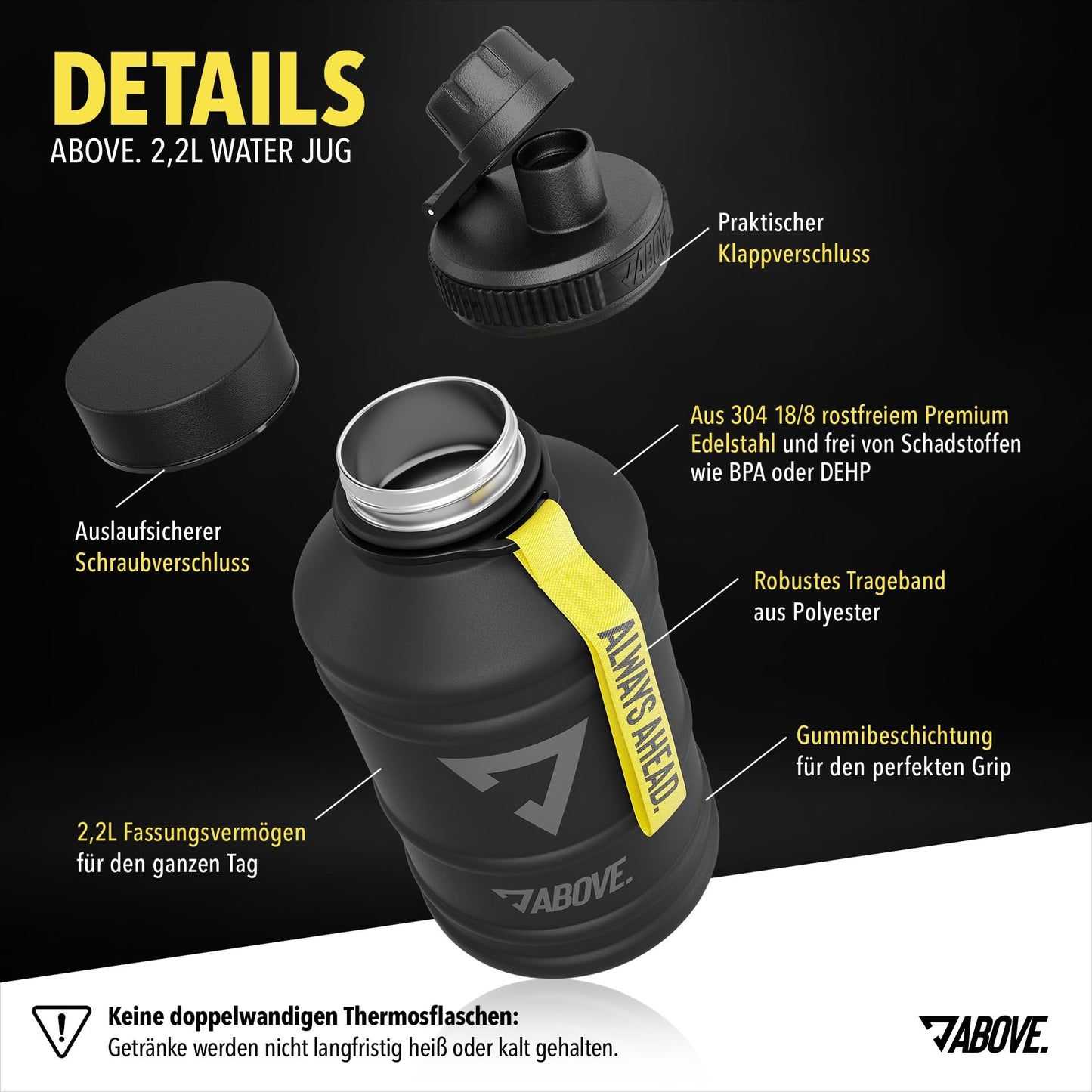 ABOVE. Stainless steel water bottle 1.3L / 2.2L - BPA-free, Leak-proof & Durable - 2L metal bottle with extra drinking spout for sports, fitness & outdoor use. Not a thermos bottle (Black, 2.2L).