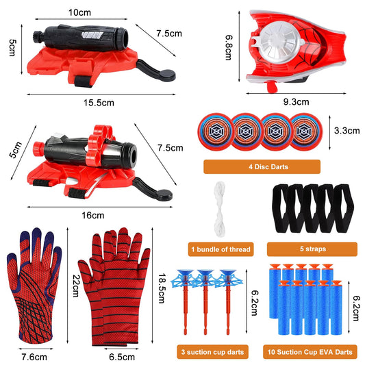 3-pc Spiderman Launcher Glove Set, Spiderman Hero Gloves, Kids Spiderman Hero Gloves with Suction Cup Darts and Frisbee, Super Spiderman Launcher Gloves, Spiderman Web Shooter, Gift for Kids