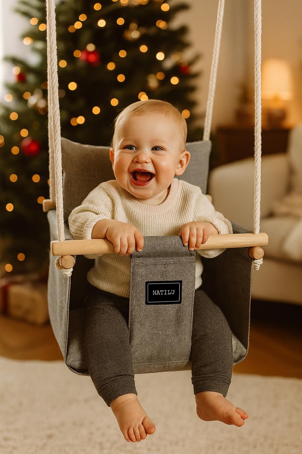 NATILU® Baby Swing Set Indoor Outdoor | Baby Swing | Baby swing Indoor | Wooden Kids Swing | Wooden Swing for Children | Swings for Door Frames (Silver)
