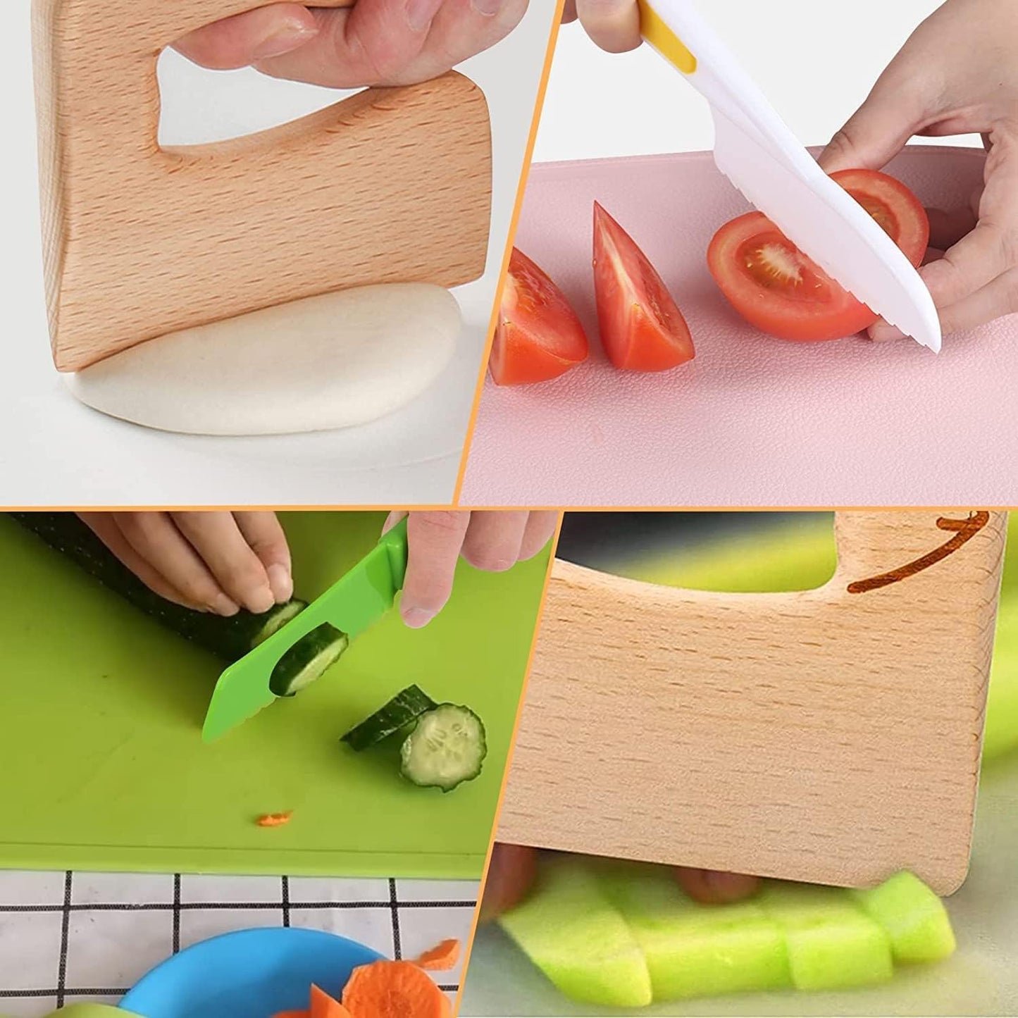 Leking 8-Pcs Wooden Children's Kitchen Knife, Plastic Children's Knife Set includes Wooden Child Safe Knife, Serrated Edge Plastic Knife, Potato Cutter, Sandwich Cutter, Y Peeler, Cutting Board