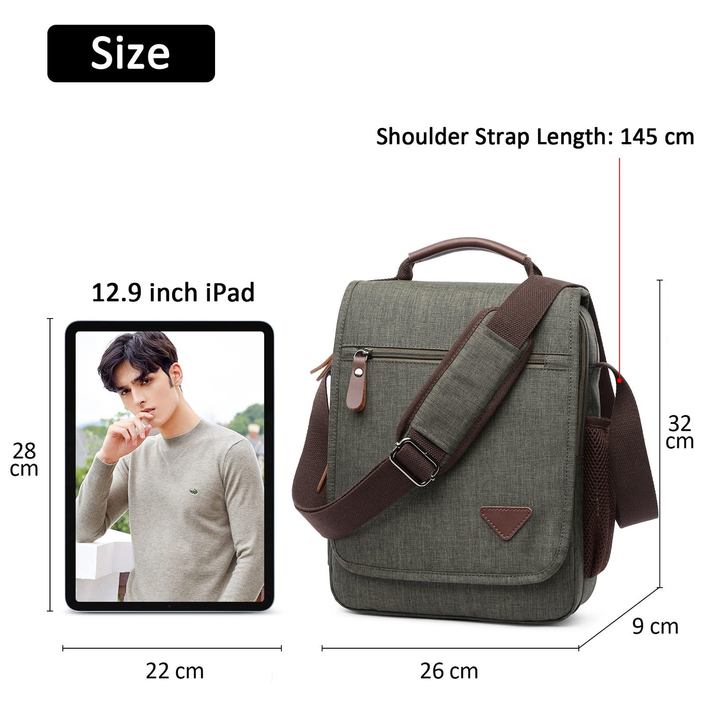 DORRISO fashion shoulder bag for men, elegant shoulder bag for 12.9 inch laptop, messenger bag for casual travel and school. Green men's shoulder bag.