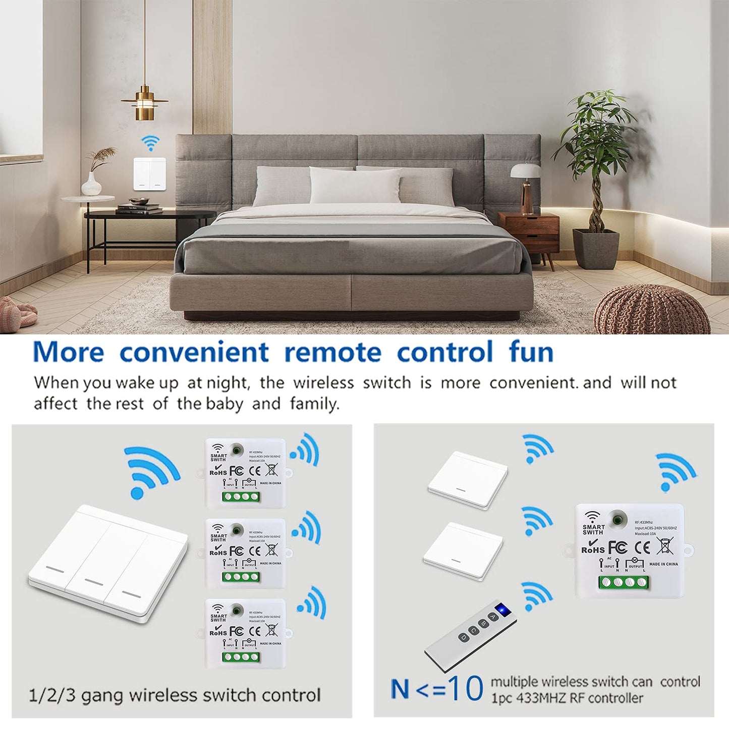 This RC radio light switch, radio transmitter security switch, and receiver controller 10A, easy installation for lamps up to 1500W.