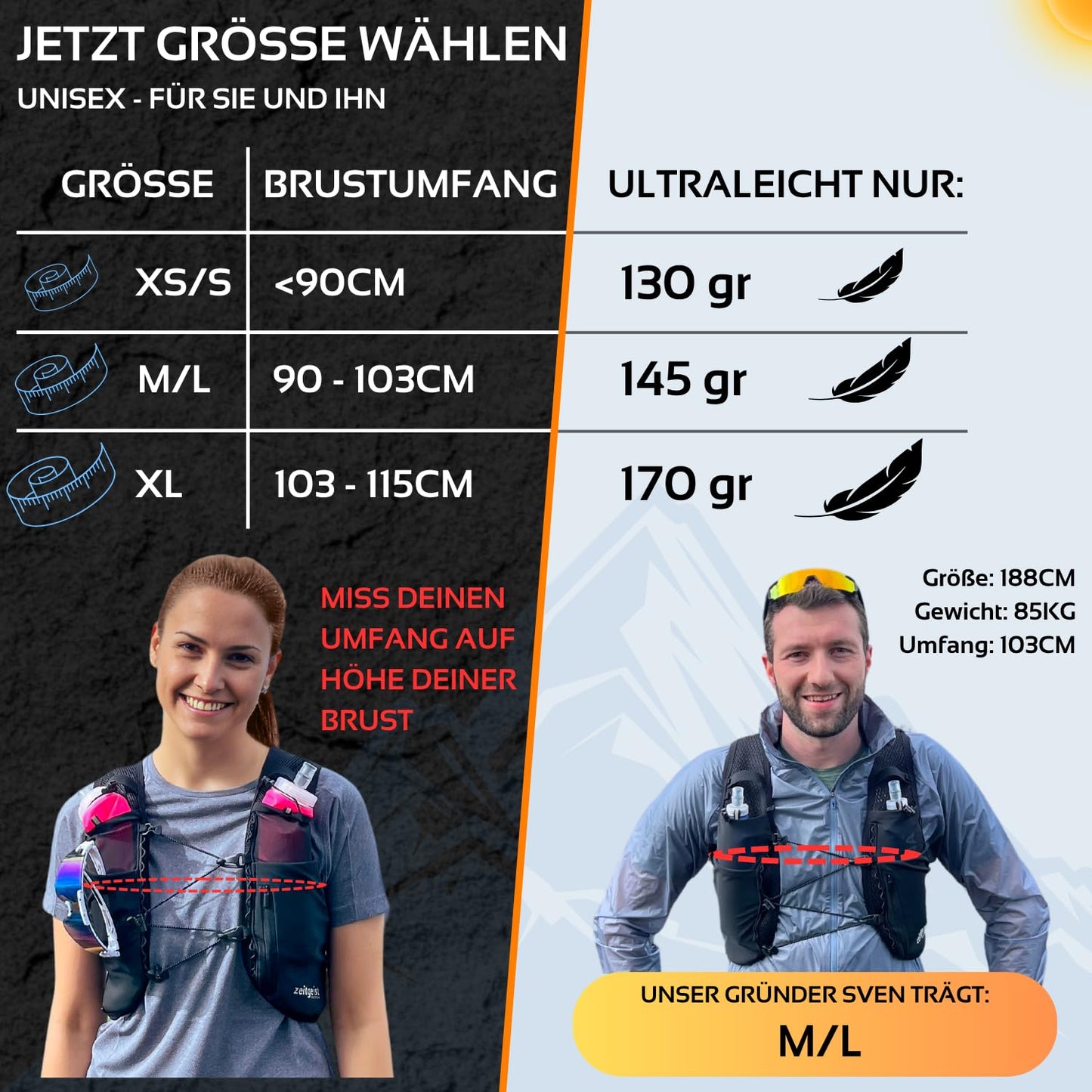 time spirit OUTDOOR® Running vest Women and Men Urban fit 2L optimal fit breathable ultralight running backpack 130-170gr hydration backpack Running Trailrunning Backpack