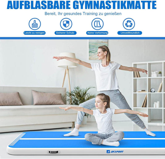 AKSPORT Air Track Tumbling Mat, 3/4/5/6m Inflatable Gymnastics Mat 10/20cm high with air pump for home/tumbling/gym/training/cheerleading double blue