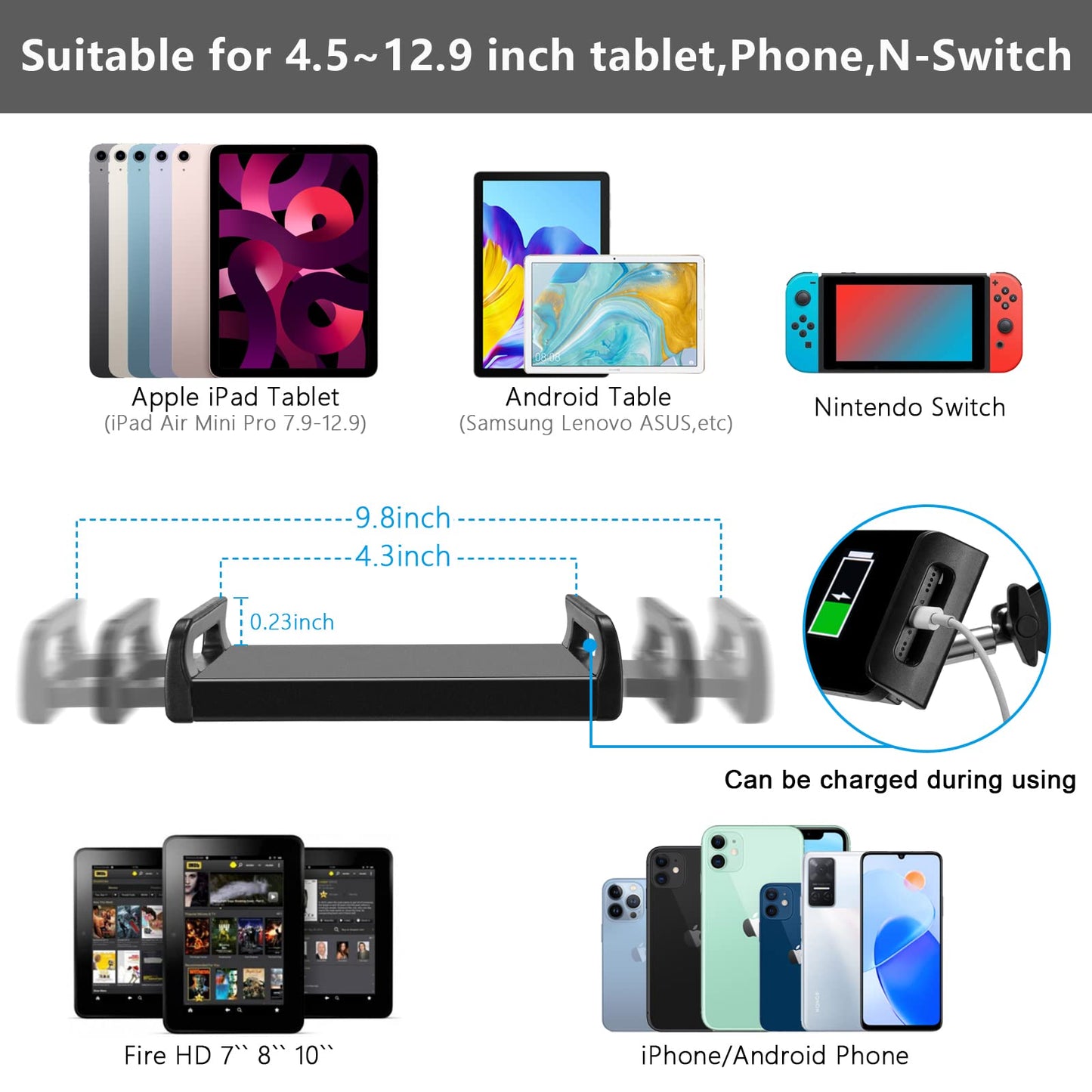 Tablet floor stand, adjustable, universal, 360 degree rotatable, metal tablet holder, phone stand for iPad/iPhoneX/iPad Pro or other 4.5-13 inch devices (black)