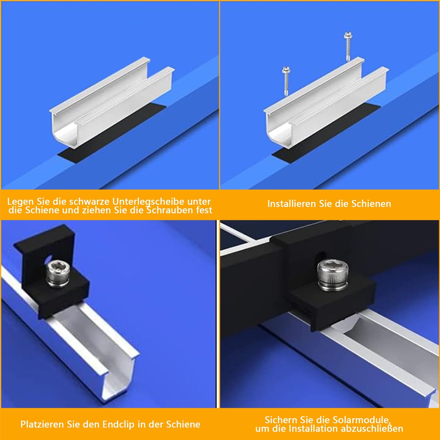 Solar panel mounting 2 module set: Photovoltaic PV mounts with 12cm aluminum rails and adjustable clamp for 30-35mm thick modules for flat roof trapezoidal sheet metal tile roof.