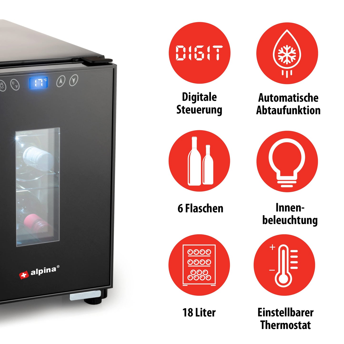 Alpina Wine Cooler 18L - Cooler for 6 bottles - Bottle chiller 230V - Temperature adjustable from 11°C to 18°C - Glass door and interior lighting - Low noise to silent operation - Black