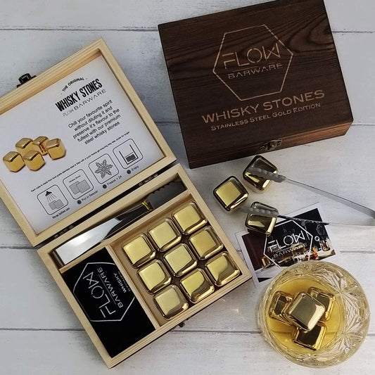 FLOW Barware Gold Whiskey Stones, gift set with ice tongs and storage bag, reusable metal ice cubes, prevent dilution of whiskey, rum, brandy, wine and gin drinks.