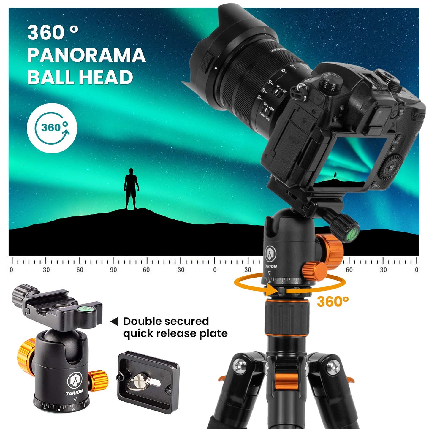TARION Camera Tripod with Transverse Center Column, Aluminum Travel Tripod with 360° Ball Head, Quick Release Plate, and Tripod Bag, Convertible to Monopod (Tripod+Boom Arm)