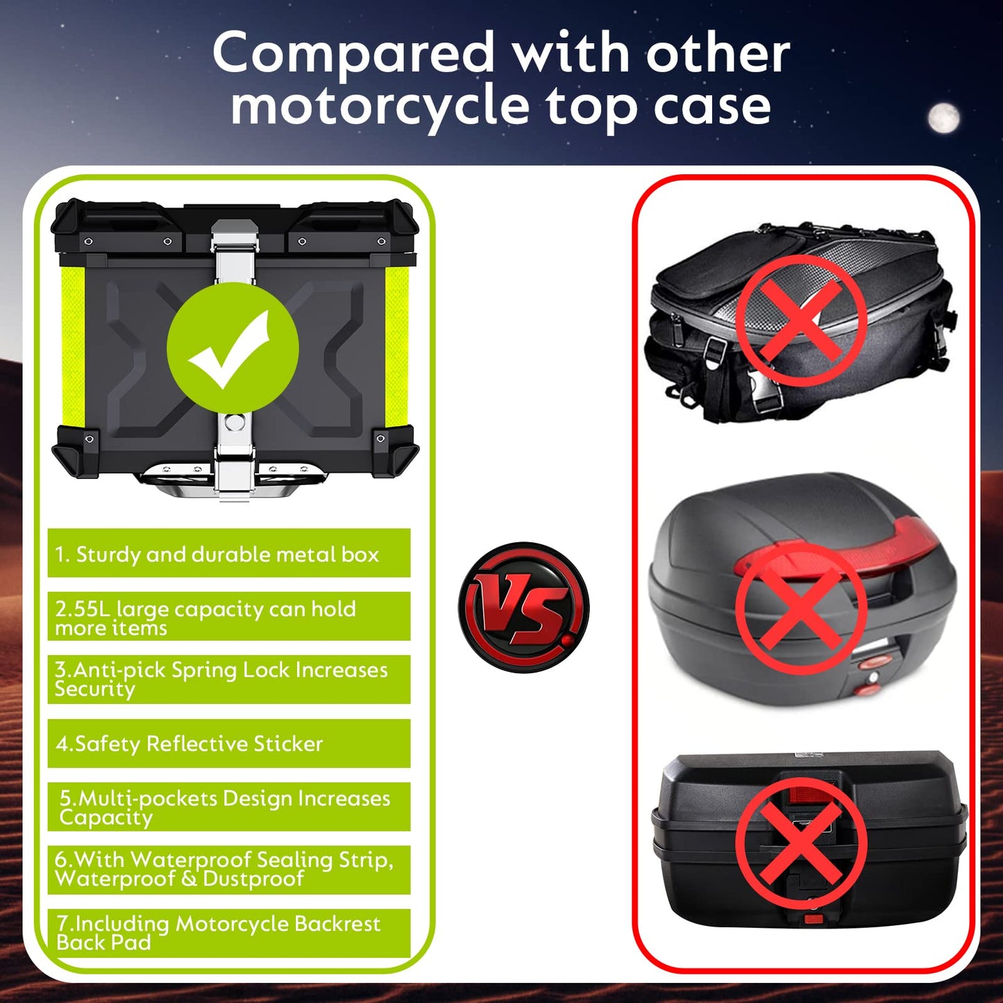 Motorcycle top case, 55L top case for scooter Waterproof top case Aluminum motorcycle trunk Travel motorcycle case with security lock for motorcycle helmet Helmet, Waterproof motorcycle top box (Black)