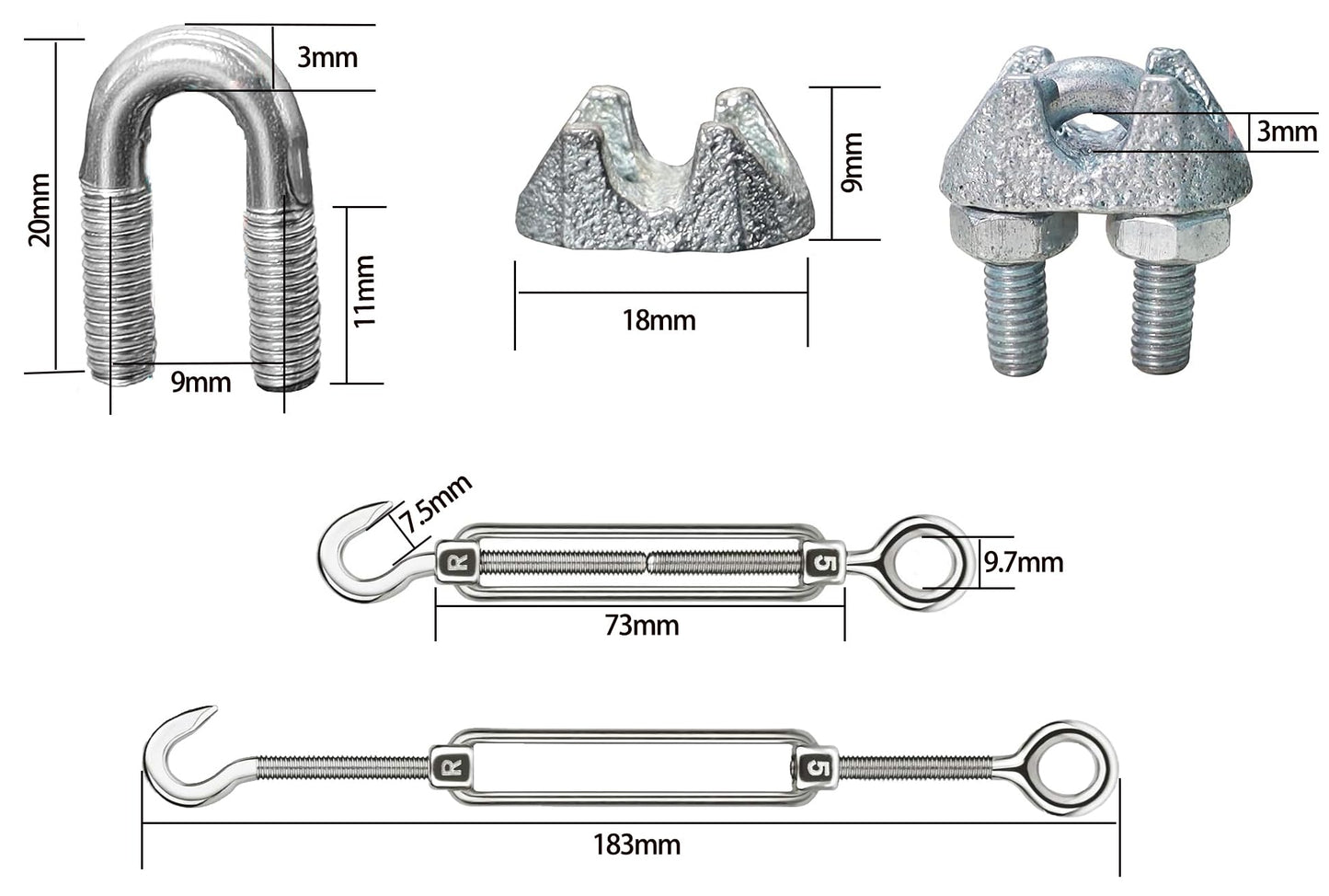 3mm stainless steel wire rope for climbing support, rust-free rope suitable for hanging lamps. Comes with M5 turnbuckles and wire rope thimbles. Length: 30m.