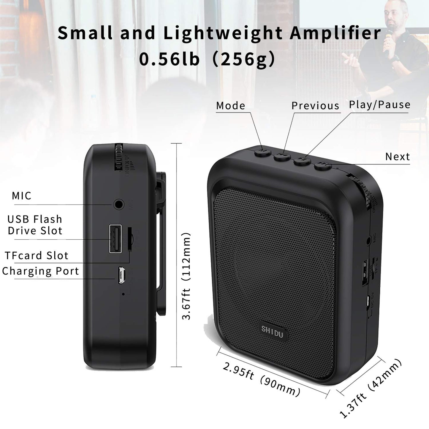 SHIDU Voice Amplifier Portable Bluetooth Speaker with wireless UHF Microphone Headset 10W 1800mAh PA System Supports MP3 audio for teachers, taxi drivers, coaches, trainers, tour guides.