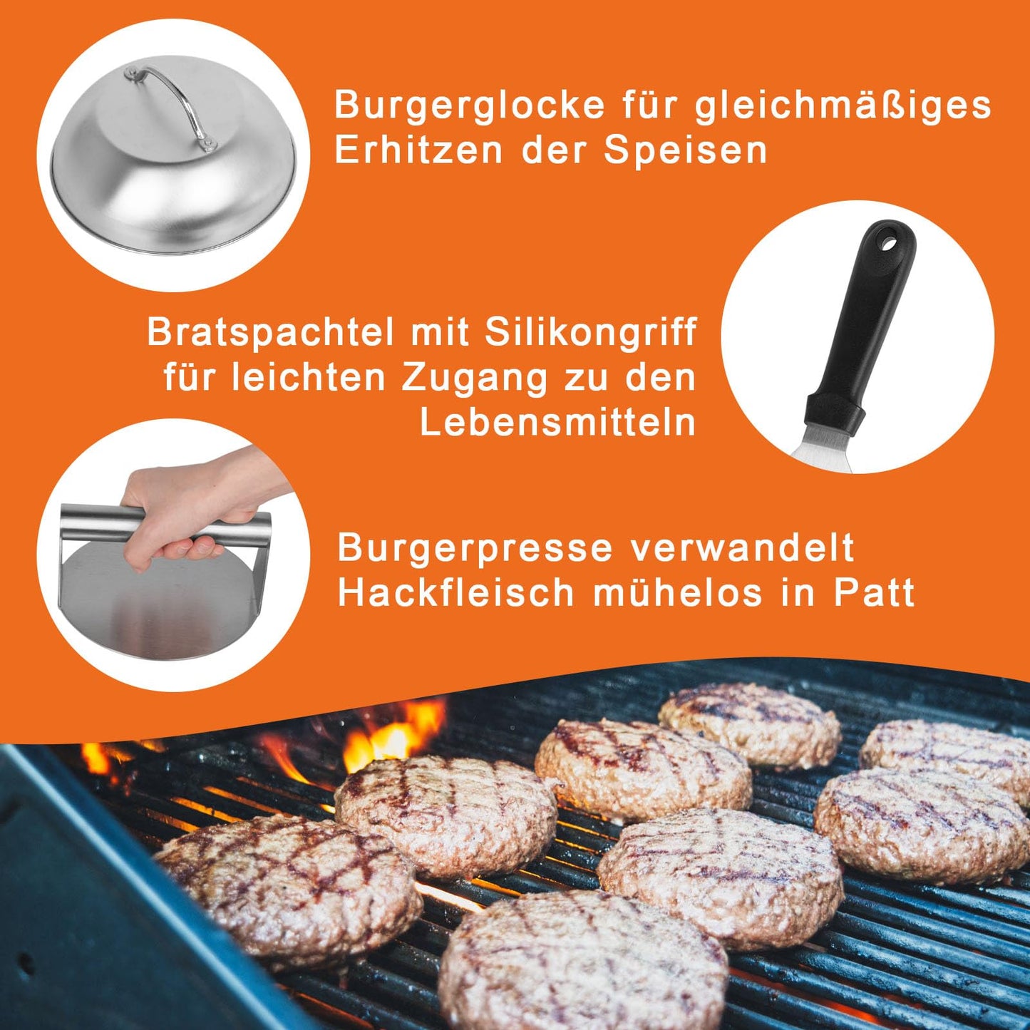 W&H's Stainless Steel Smash Burger Set includes a 4-piece set of burger smasher tools: burger press, grill spatula, burger dome, and 50 parchment papers. Ideal for making delicious homemade hamburgers both outdoor and indoor.