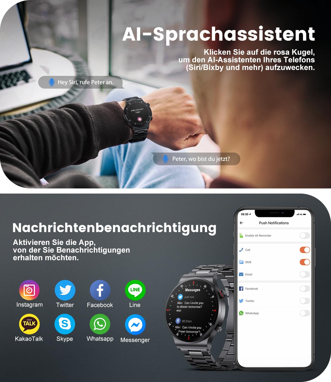 Men's smartwatch with phone function, 1.39 inch smart watch with heart rate sleep monitor SpO2 notification 100+ sports modes, IP67 waterproof fitness tracker calorie step counter Android iOS black