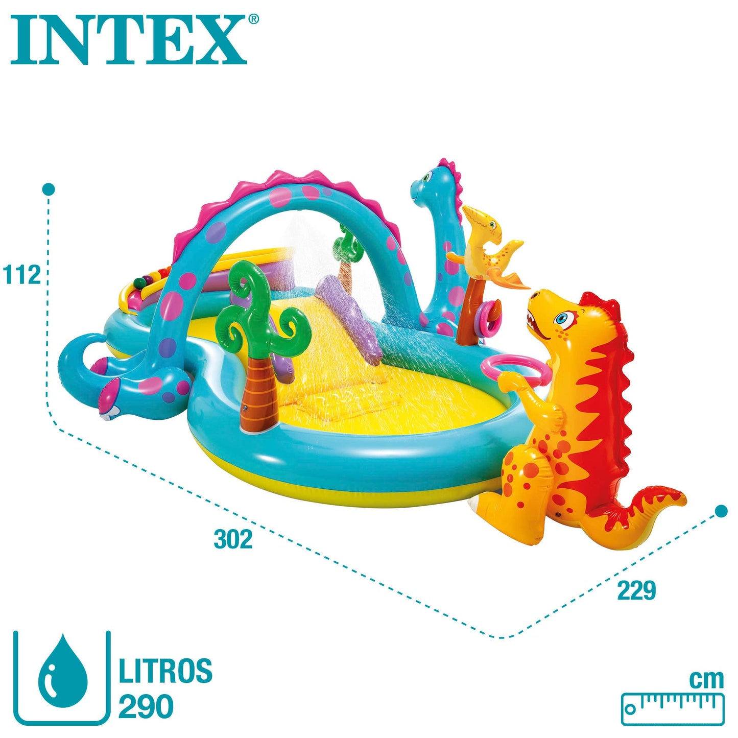 Intex Dinoland Play Center Inflatable Water Play Center, various models (with and without volcano), Multicolor, 131x90x44 inches, 74 gallons, Colorful