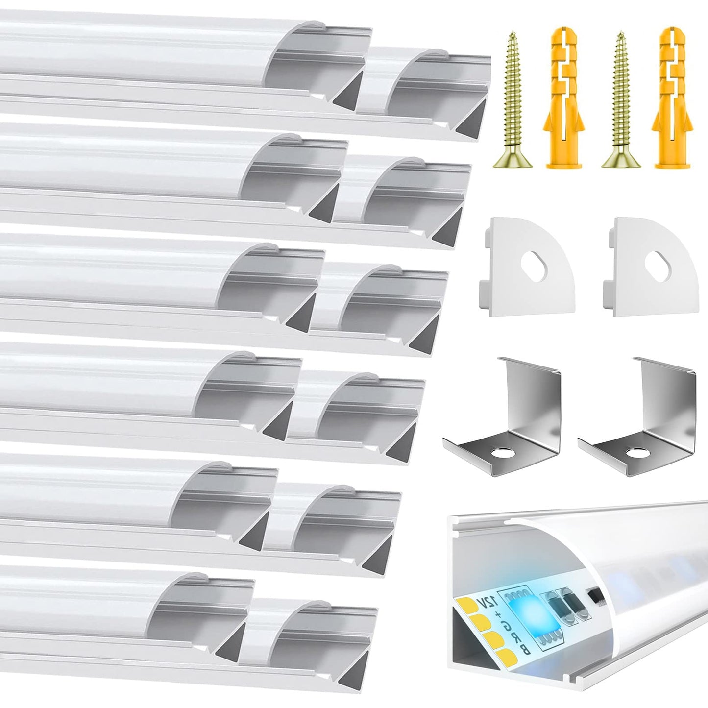 LED Aluminum Profile 12 × 1M, V-Shaped LED Profile for LED Strips, LED Channels with White Milky Cover, End Caps, and Mounting Materials (LED Strips/Band up to 10 mm incl)