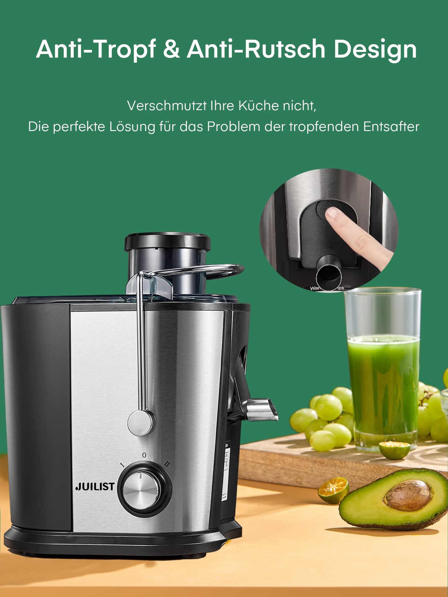 Julist Juicer for Vegetables and Fruits, Up to 800W Juicer with Large Feed Chute (65mm), 2 Speed Settings, Anti-Drip System & Anti-Slip Feet, Easy to use and clean 600W