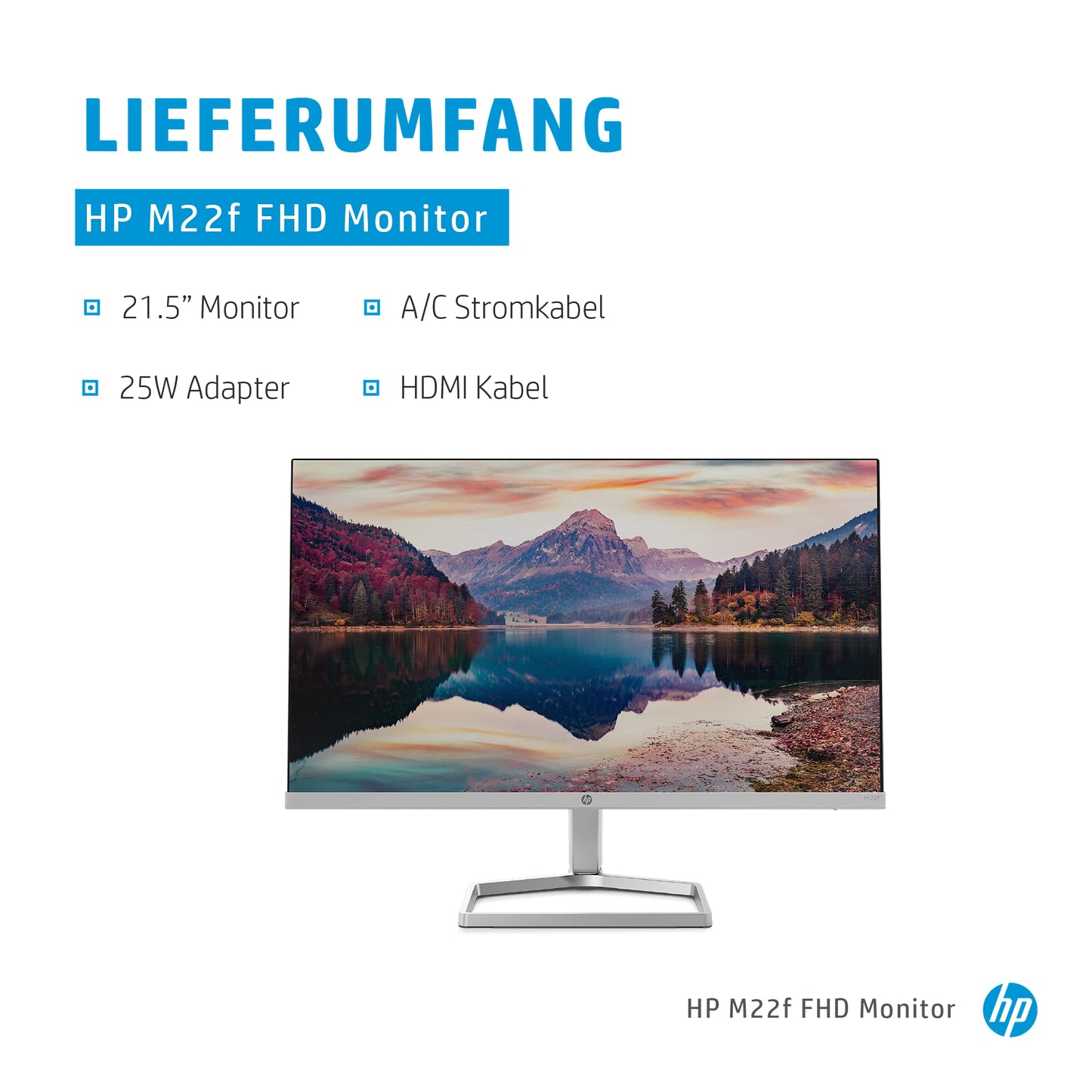 HP M22f Monitor - 21.5 inch screen, Full HD IPS display, 75Hz, 5ms response time, VGA, HDMI 1.4, silver/black.