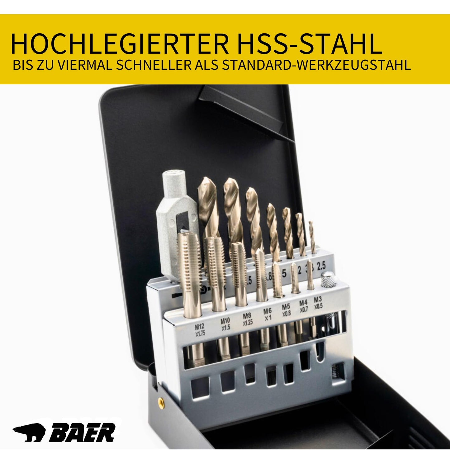 BAER Thread Cutting Set M3 - M12 HSSG - 15 pcs. | Thread tap set with center drill & tap wrench | Professional thread cutting set in metal case | Tap set
