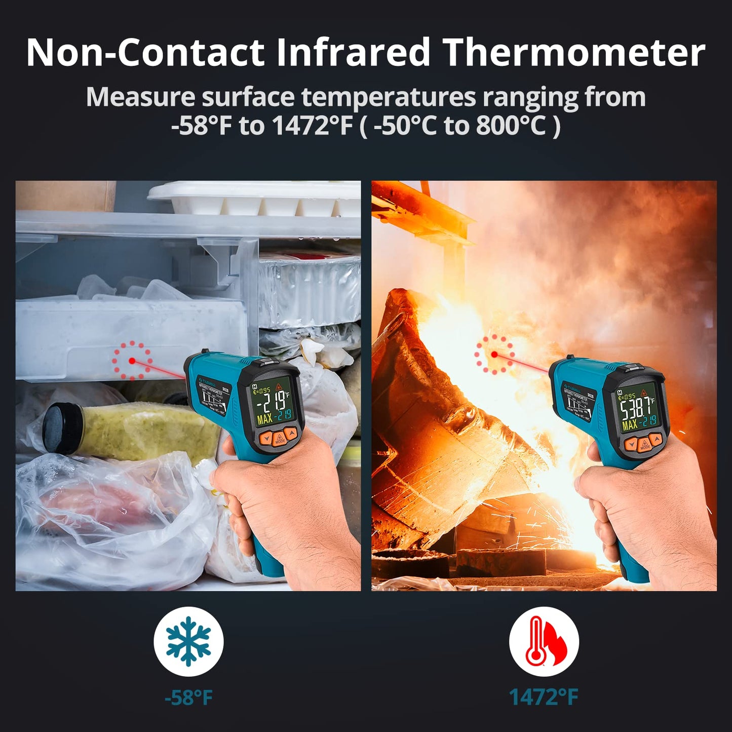 Infrared Thermometer (not for humans) -50°C to 800°C Tilswall IR Digital Laser Temperature Gauge with Cooking LCD Display for Cooking/Barbecue/Pizza Oven/Freezer/Industry