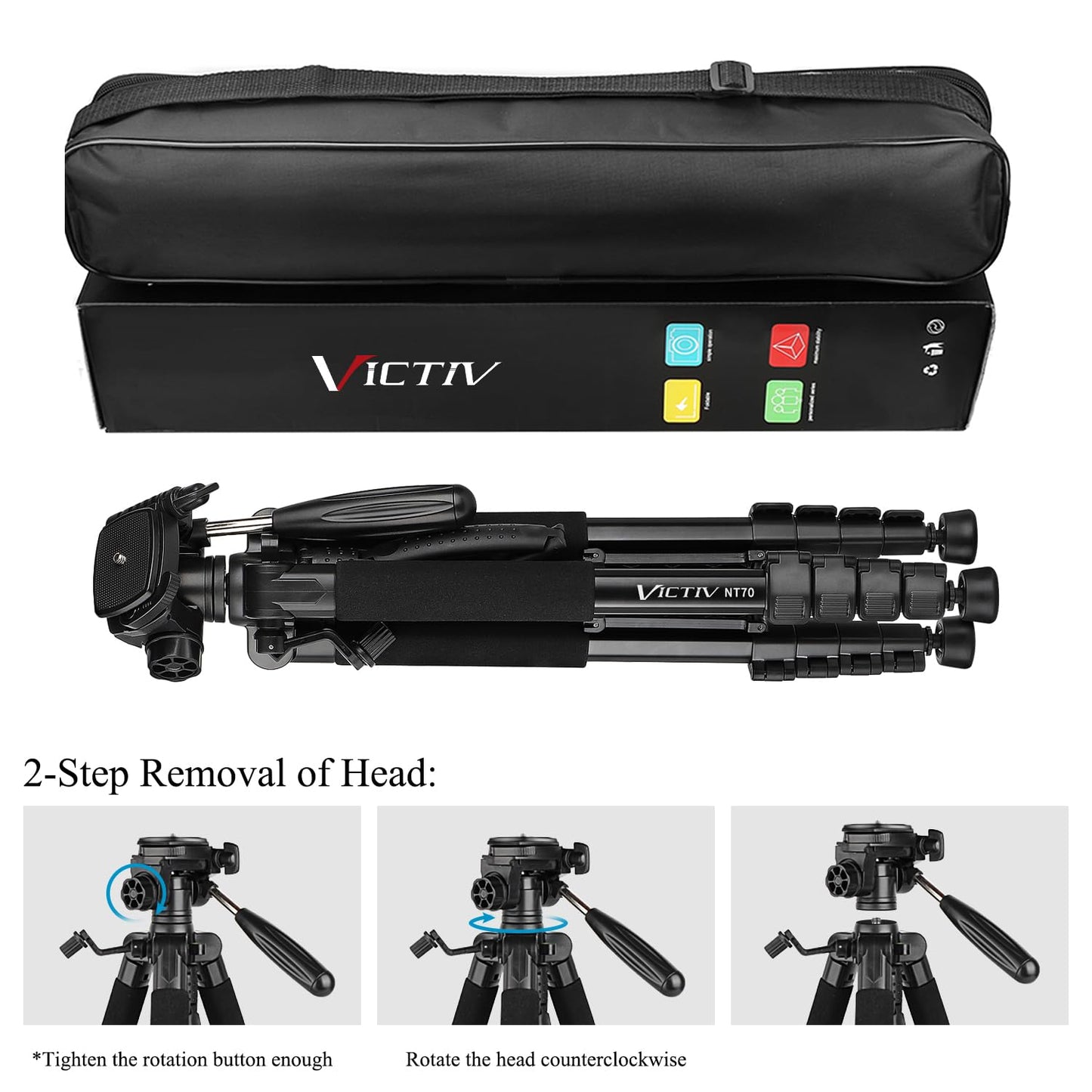 Victiv Camera Tripod with 52–160-185cm height, lightweight tripod with detachable 3-way head, aluminum camera stand for DSLR Canon Nikon Sony, tripod for smartphone with phone holder.