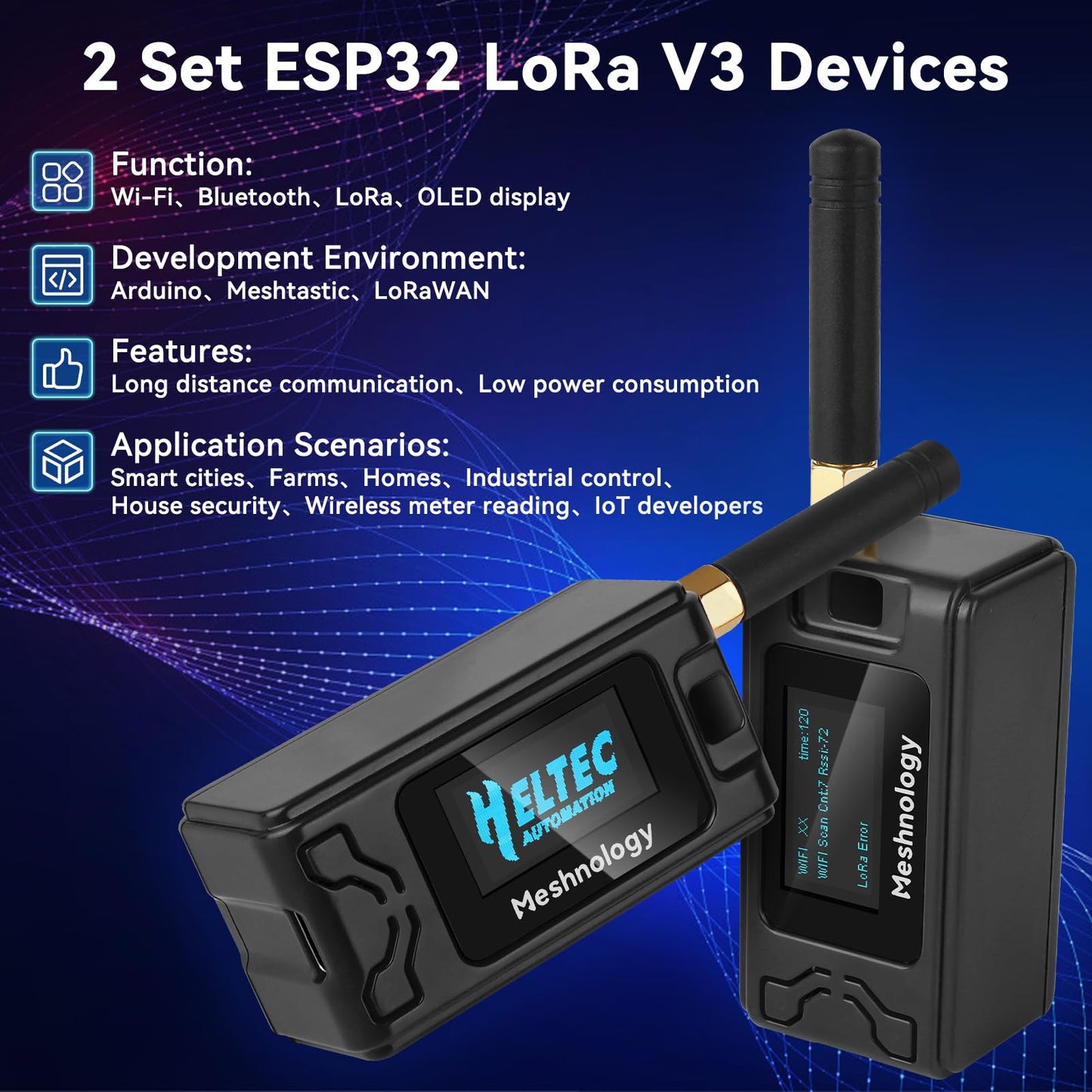 2 Pack ESP32 LoRa V3 development board + 1100 mAh battery + protective case set - with 868 MHz antenna and SX1262 LoRa V3 devices for Meshtastic Arduino LoRaWAN IoT (N30 Version, Black)