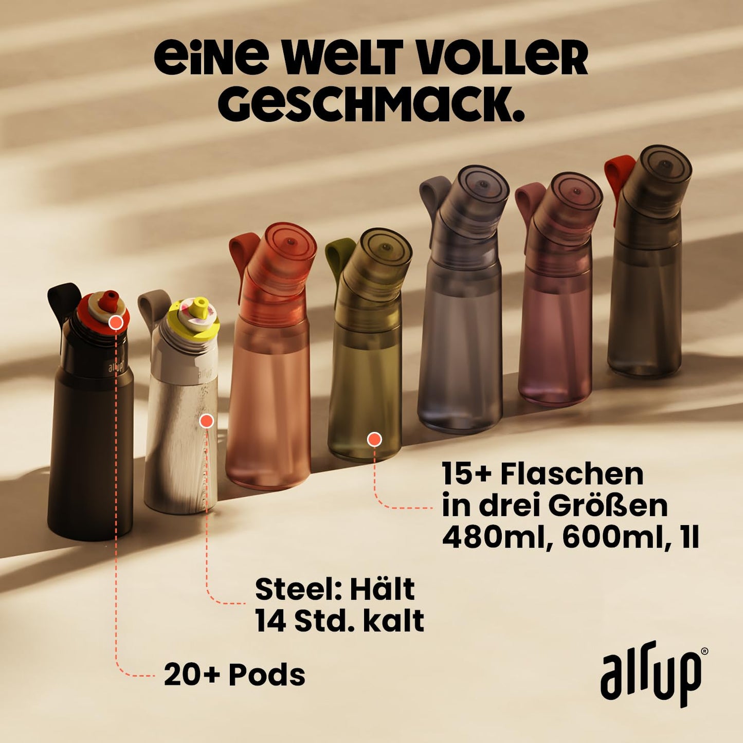 air up® Twist Pro Bottle Steel Starter Set Original made of stainless steel including pods in 5 flavors, sugar-free I 480ml insulated bottle with flavor, keeps water cold for 14 hrs I Black