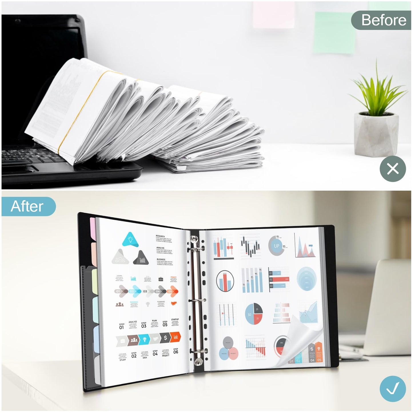 Uquelic presentation book, ring binder with 80 clear pockets A4 crystal clear (50 microns) and 6 macaron-colored PP dividers, folder organizer for documents, certificates, portfolio, black