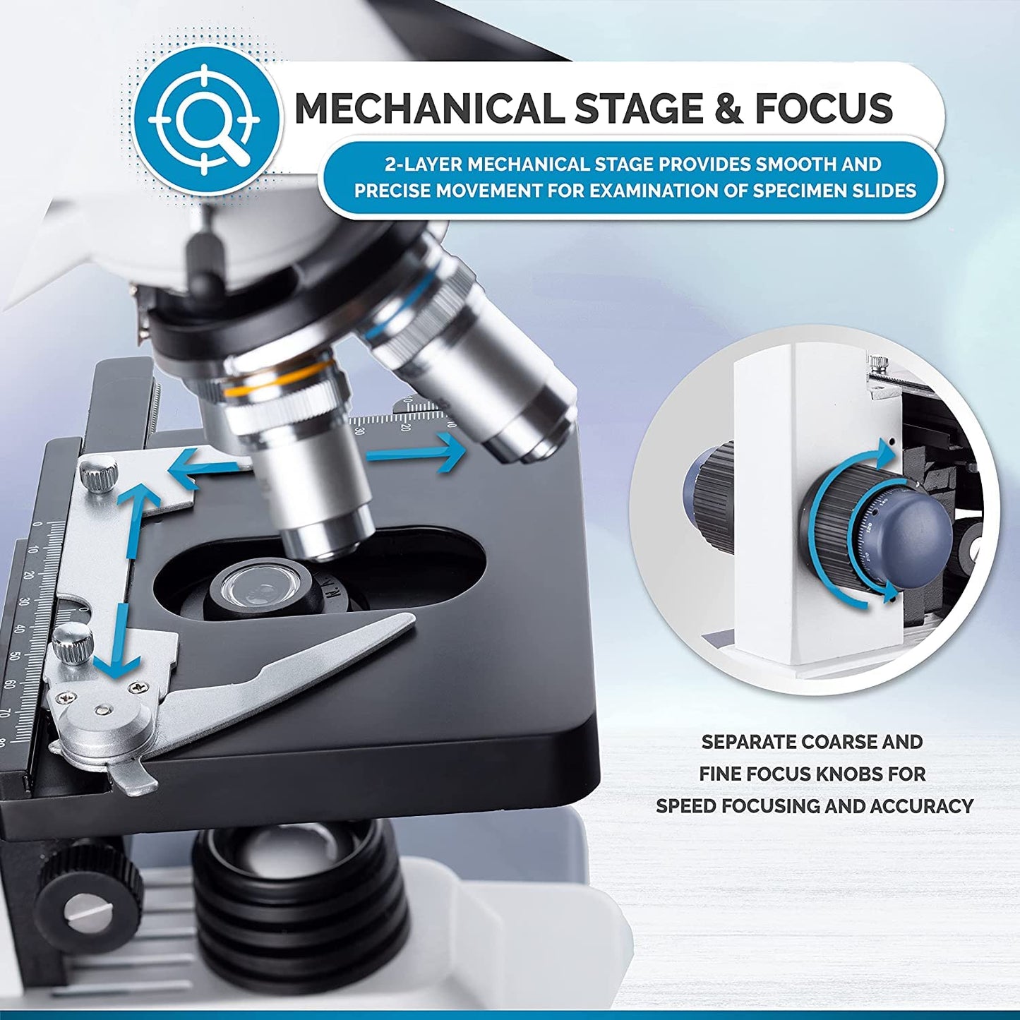 Amscope 40x-2500X digital binocular compound microscope with multiple objectives, x/y mechanical stage, Abbe condenser with iris diaphragm.