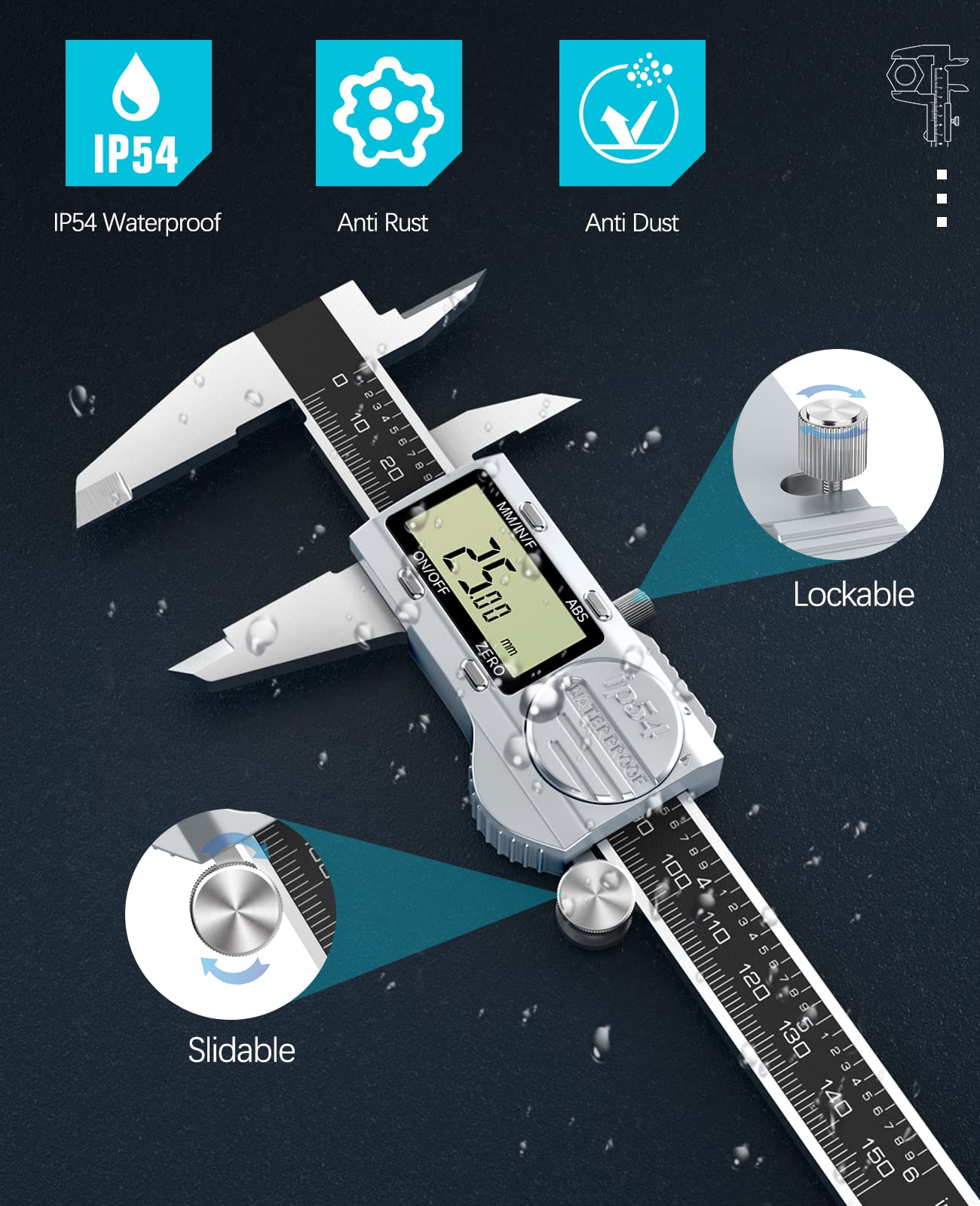 Housolution Digital Caliper, Electronic Vernier Caliper with ABS Function, 6-Inch IP54 Waterproof Slide Caliper with LCD Display & Spare Battery, with Feeler Gauge for Accurate Measurement, Silver+Black