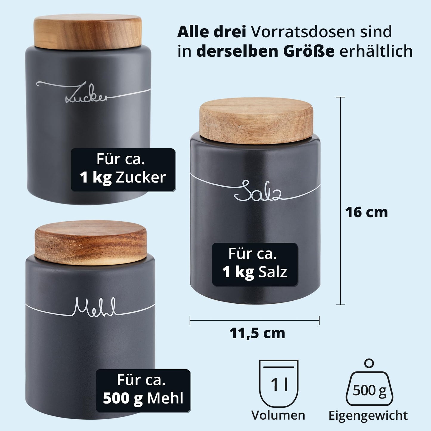 KHG Flour Sugar Salt Storage, 3-piece canister set, ceramic stoneware, anthracite grey, wooden lid bamboo, flour sugar salt pot, airtight seal, BPA-free