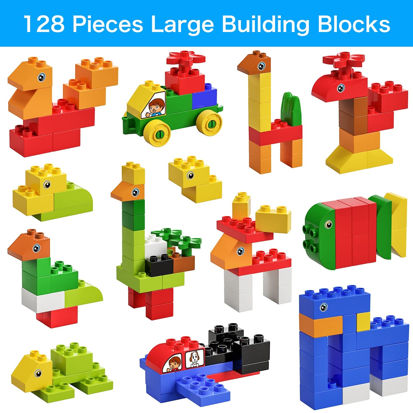 Burgkidz 5-in-1 Children's Activity Table Set - 128 Pieces Compatible with Building Blocks Toys, Play Table Includes 1 Chair and Building Block Table with Storage, Green Base Plate/Blue Color