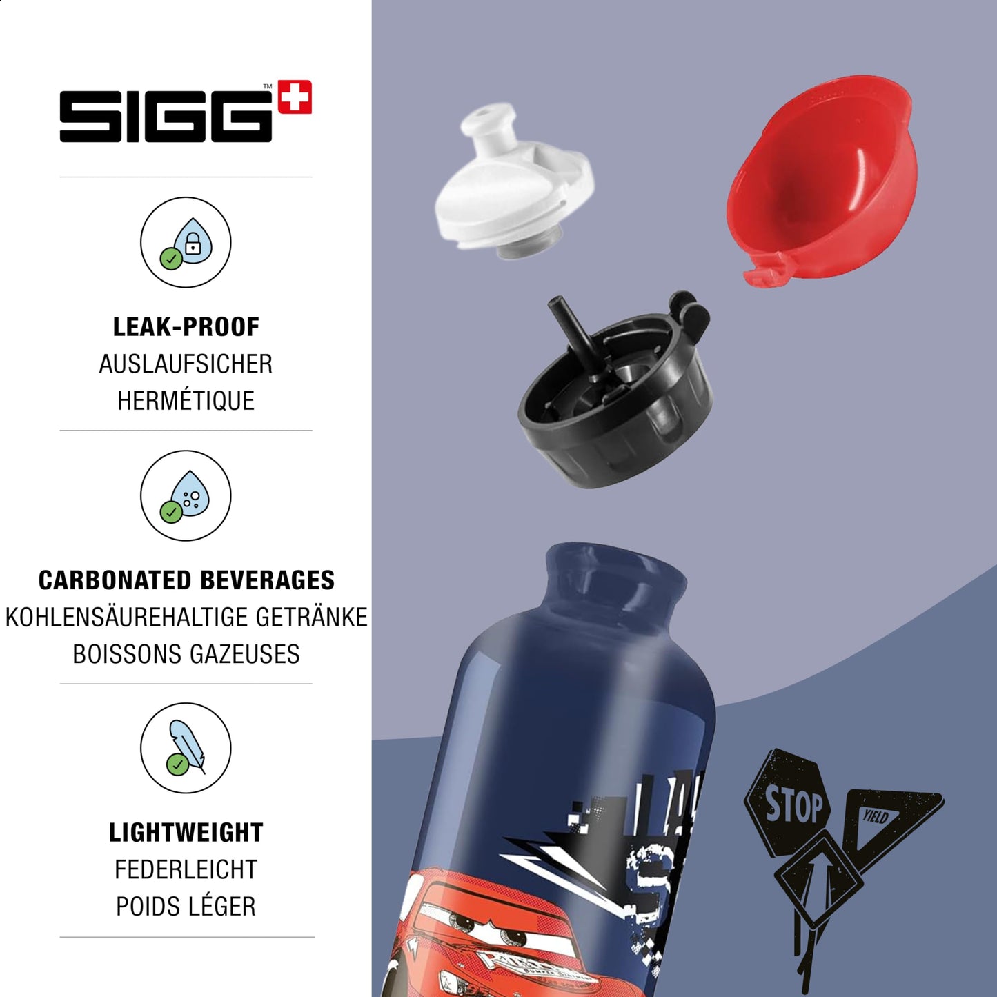 SIGG Cars Speed Kids Water Bottle (0.4 L), non-toxic with leak-proof lid, stylish aluminum water bottle.