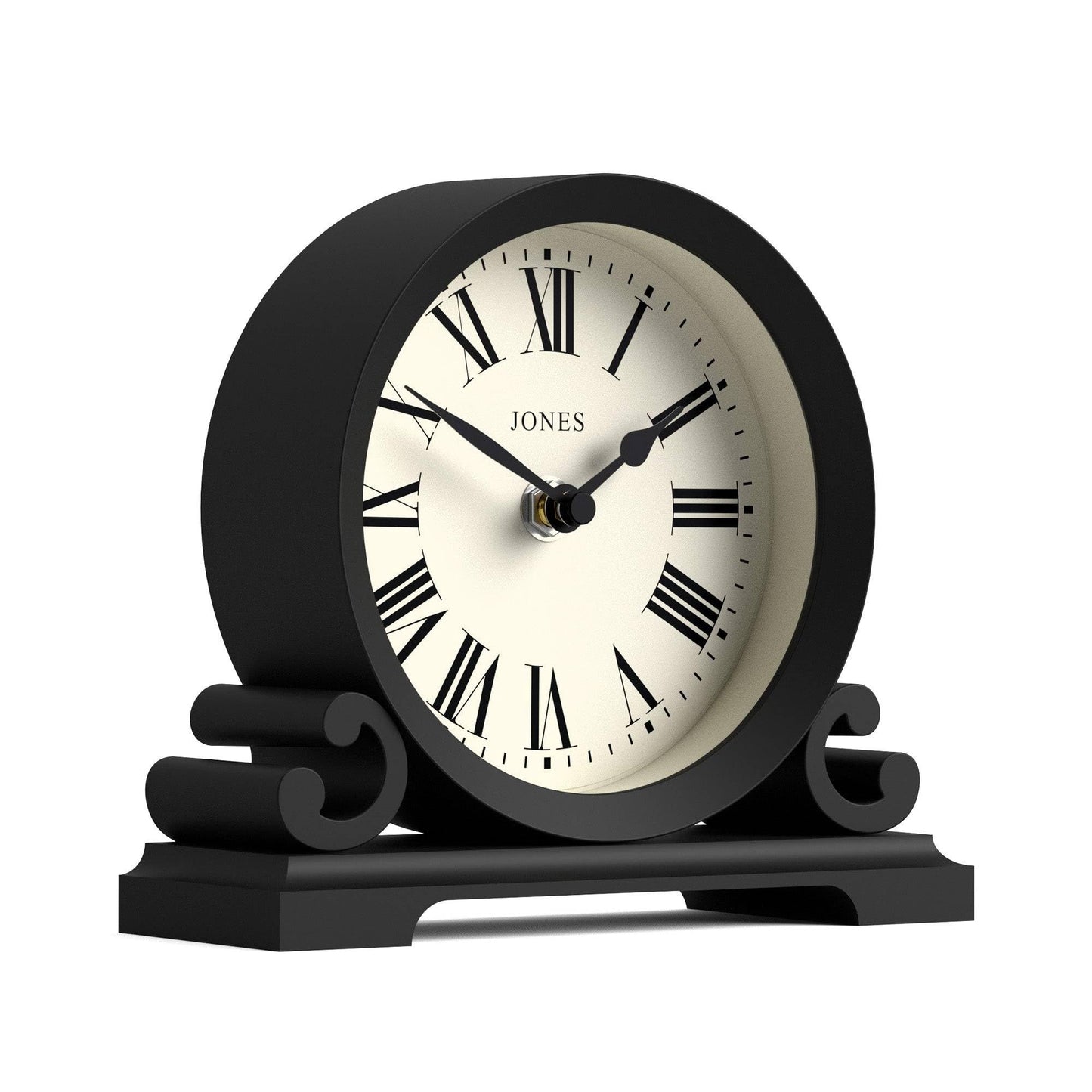 JONES CLOCKS® Saloon Mantel Clock | Traditional double bell design | Black | Roman numerals | Classic style for desk, table, shelf, or nightstand