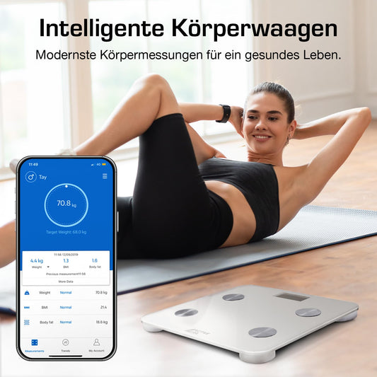 ACTIVE ERA Body Fat Scale - Digital bathroom scale with app - Smart Bluetooth scale for body analysis - Body fat, BMI, weight (max. 180 kg), muscle mass, water, protein, bone weight - White