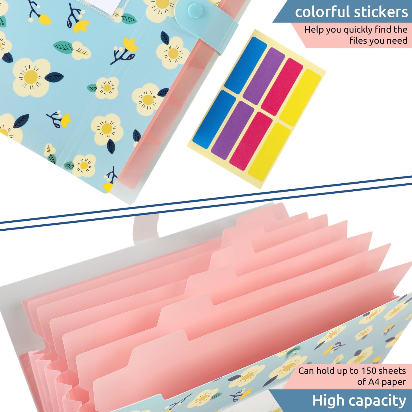 KONVINIT expanding file folder A4 size, document organizer with 7 compartments, portable floral patterned file folder with labels, for school/home/office, pack of 3.