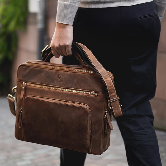DONBOLSO Laptop Bag San Francisco - Brown Leather Shoulder Bag for Laptop and Tablet - High-quality Briefcase for Notebook up to 17 inches - Stylish Bag for Men and Women