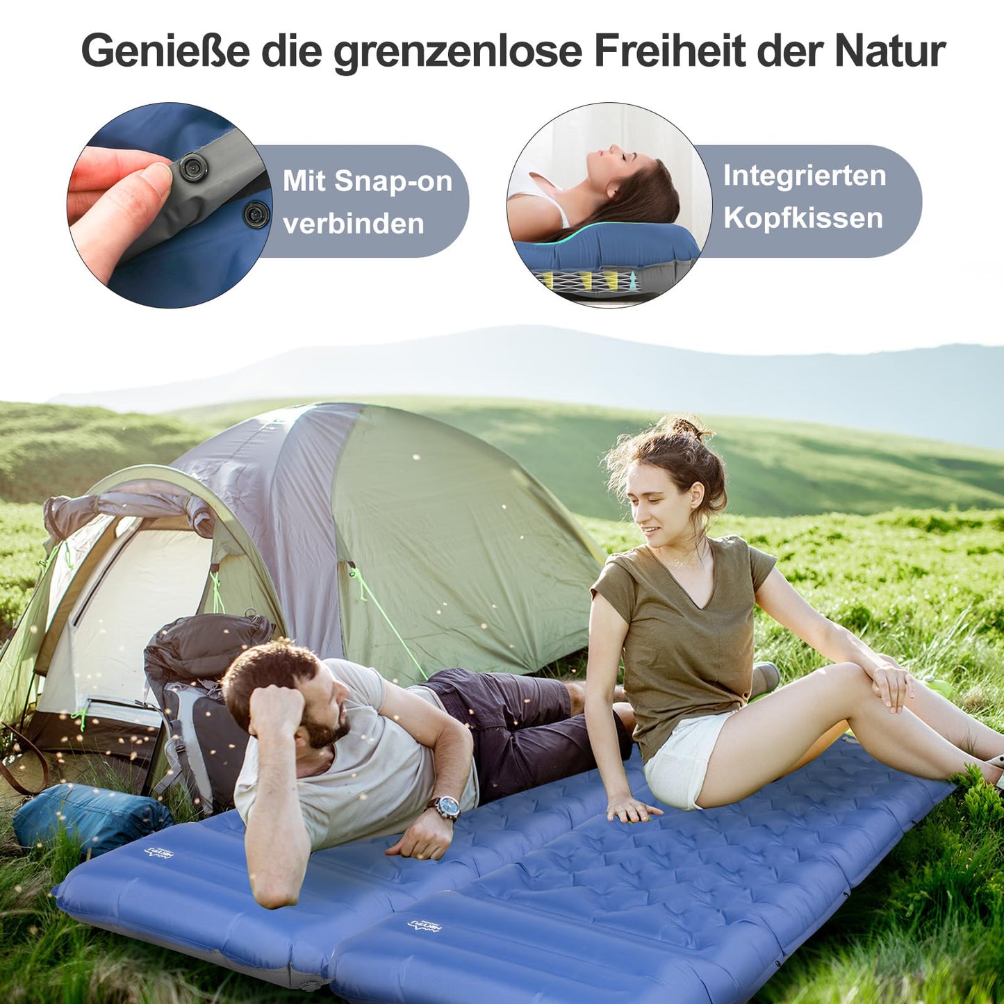 NIKYPJ Self-Inflating Sleeping Pad, 12cm Air Mattress for Camping, Inflatable Ultralight Waterproof Mat with Pillow for Hiking, Outdoors, Camping, Travel (Foot inflation required)