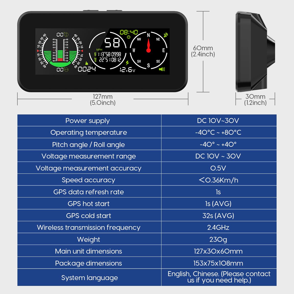 MR CARTOOL M60 Auto Slope Meter Car Digital GPS Speedometer HUD Display Clinometer with Compass for all vehicles SUV Offroad