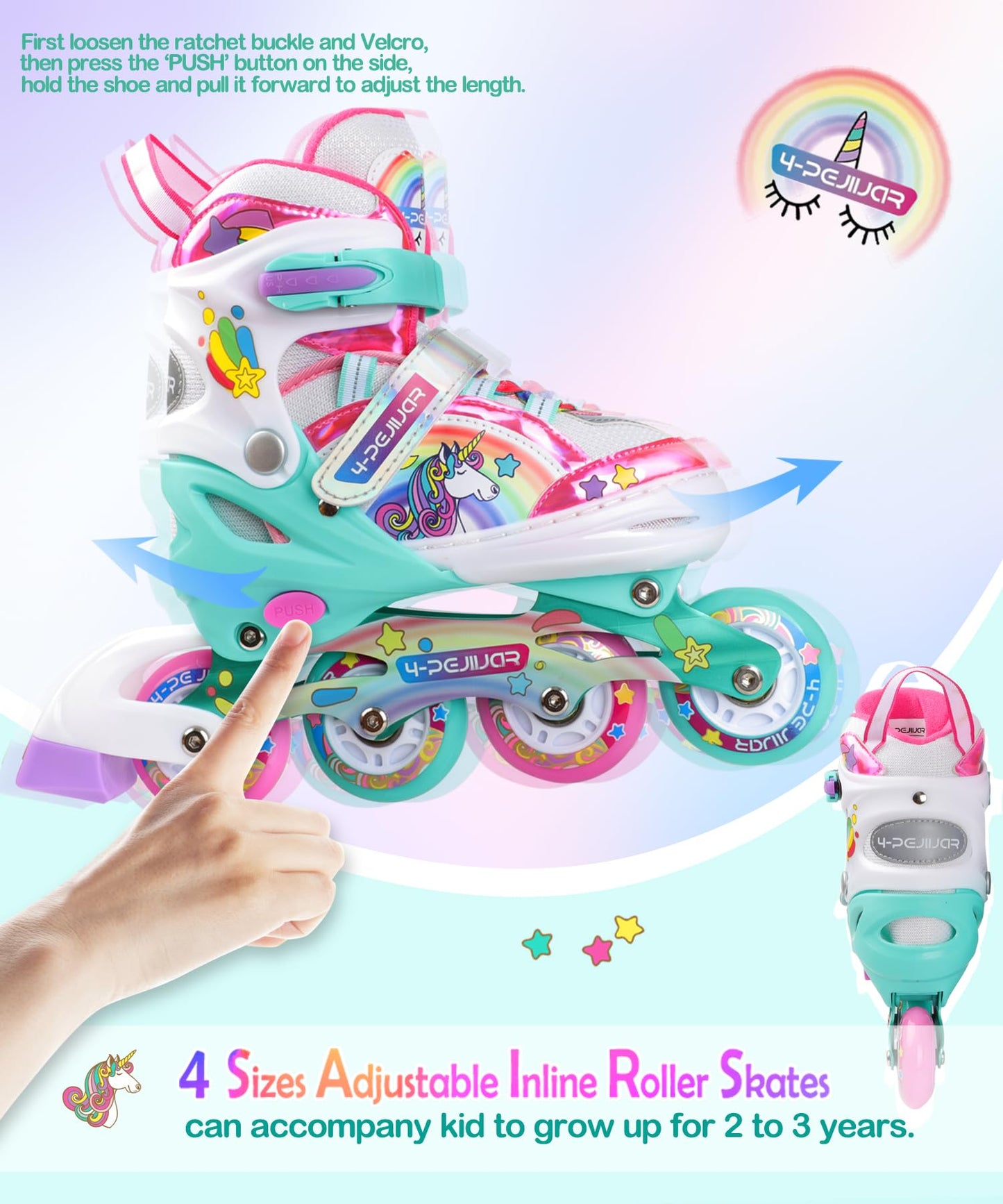 Unicorn inline skates for girls, adjustable sizes with all glowing wheels. Rainbow inline skates for beginner teenagers. Perfect for Christmas and birthday gifts.