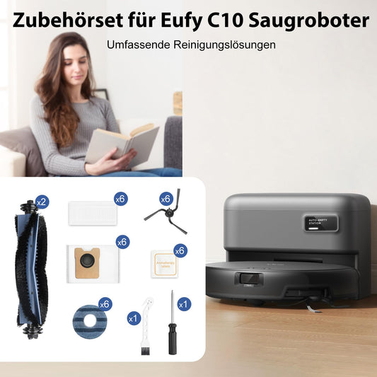 34 piece accessory set for Eufy Omni C10 robot vacuum accessories, 2 main brushes, 6 dust bags, 6 mopping cloths, 6 side brushes, 6 filters, 6 vanilla chips, 1 cleaning tool, replacement parts vacuum cleaner accessories.