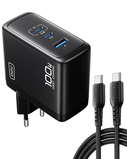 INIU 100W USB C Charger, Laptop Fast Charger with USB C Cable, GaN 3-Port Multiple Wall Charger for MacBook Air Pro, iPad, iPhone 17 16 15 Pro Max, Samsung Galaxy S25 S24 Ultra, Pixel, Switch 2, etc.