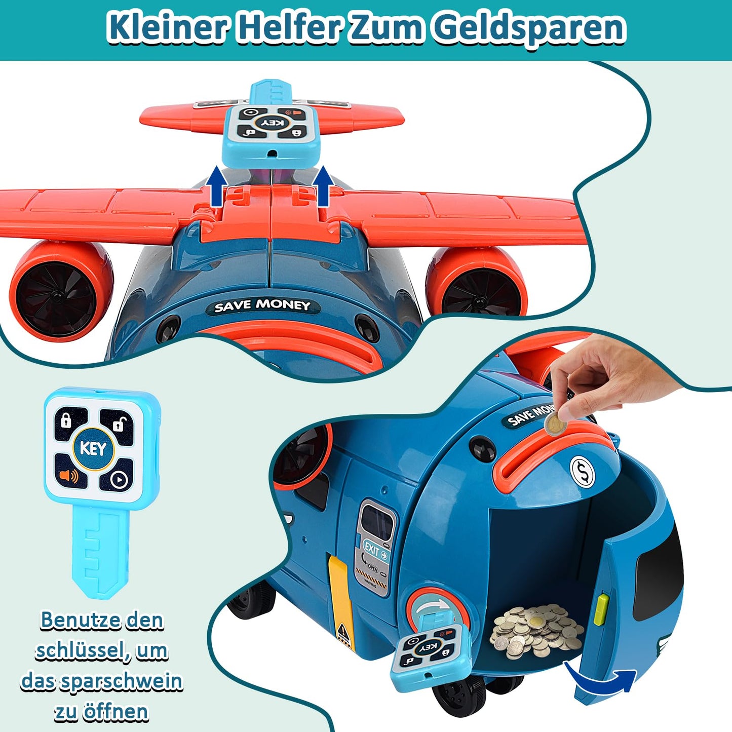 JONRRYIN Airplane Toy Car Set for Ages 3+, 3-in-1 Steering Wheel for Kids with Lights, Sounds Piggy Bank, Airplane Boys Toy Gifts for 2 3 4 5 6 Years (Blue)